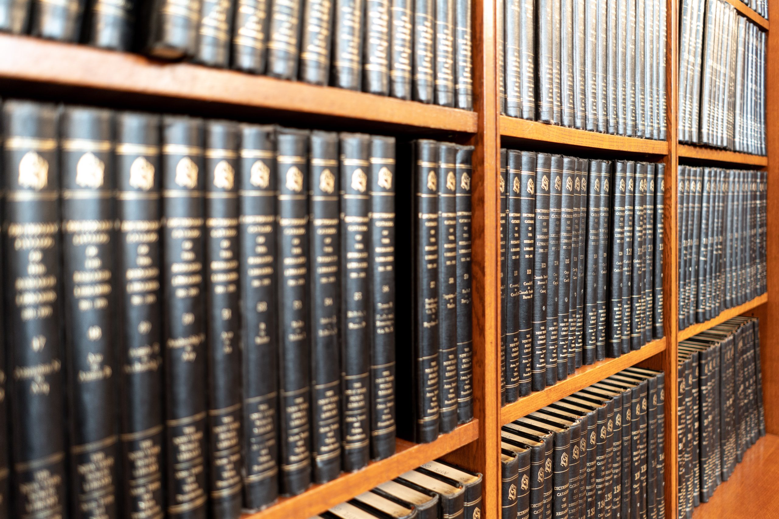 Law books stacked on bookshelves