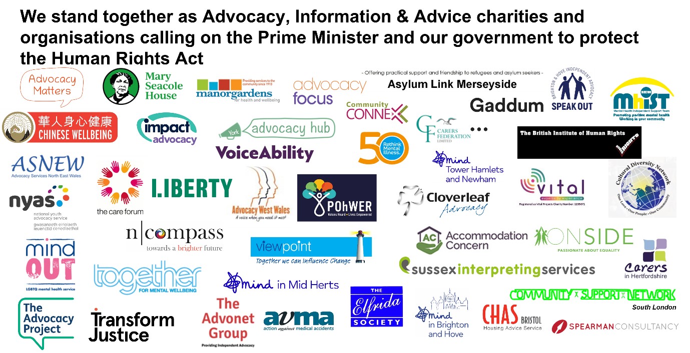 Logos of advocacy organisations, signing the open letter to protect the Human Rights Act