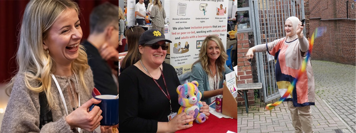 A montage of three images featuring some of our staff members. The first is of a woman with blond hair laughing whilst holding a blue mug. The second is of two women, one of them holding a teddy bear. They are sat at a stall with a red tablecloth on it. The third is of a woman twirling some flags about whilst smiling.